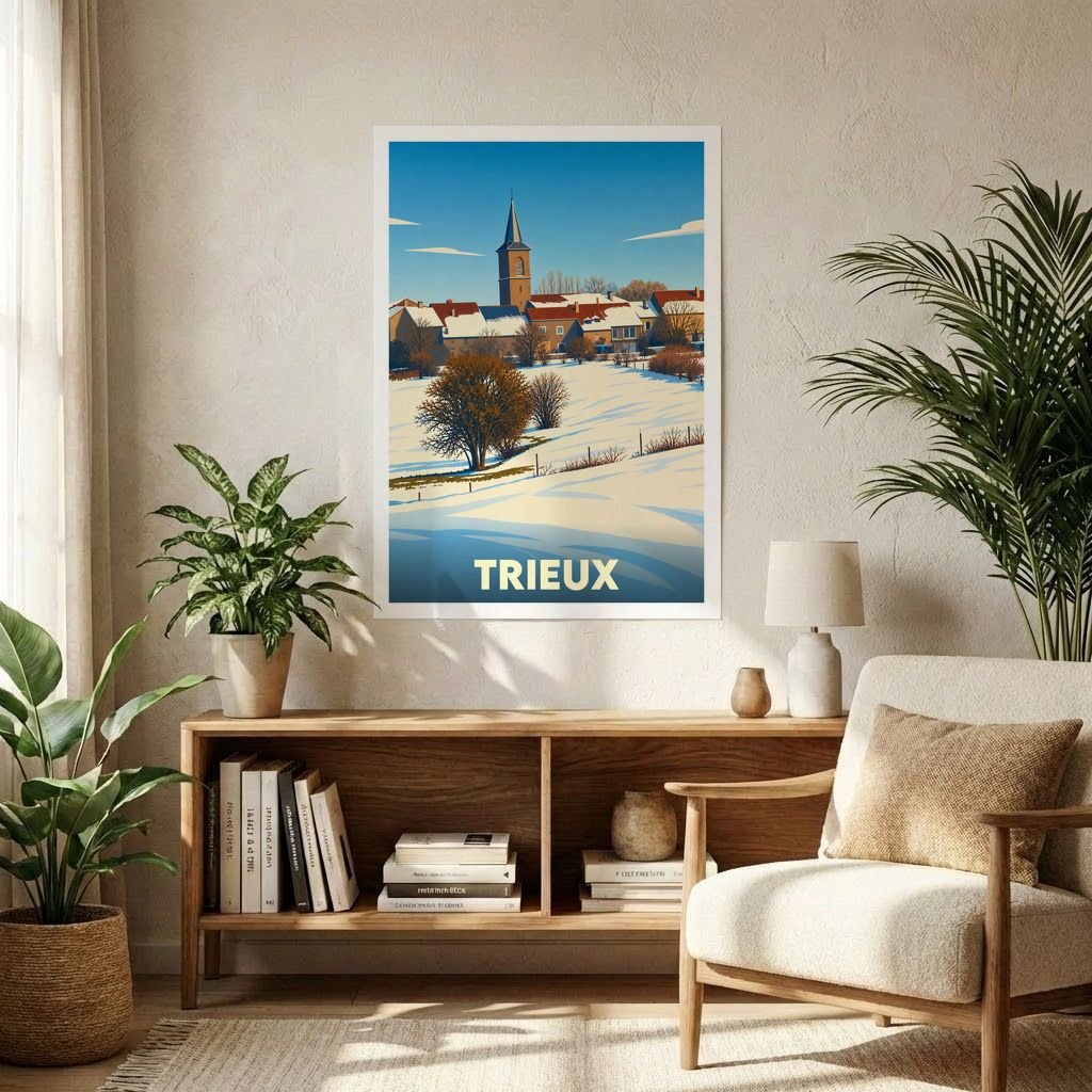 Affiche souvenir de la ville de Trieux représentant un paysage enneigé et son église dans un style illustré.