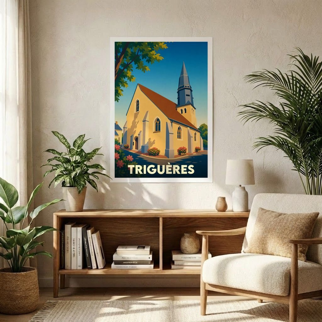 Affiche souvenir de la ville de Triguères avec une illustration stylisée de son église sous un ciel azur.