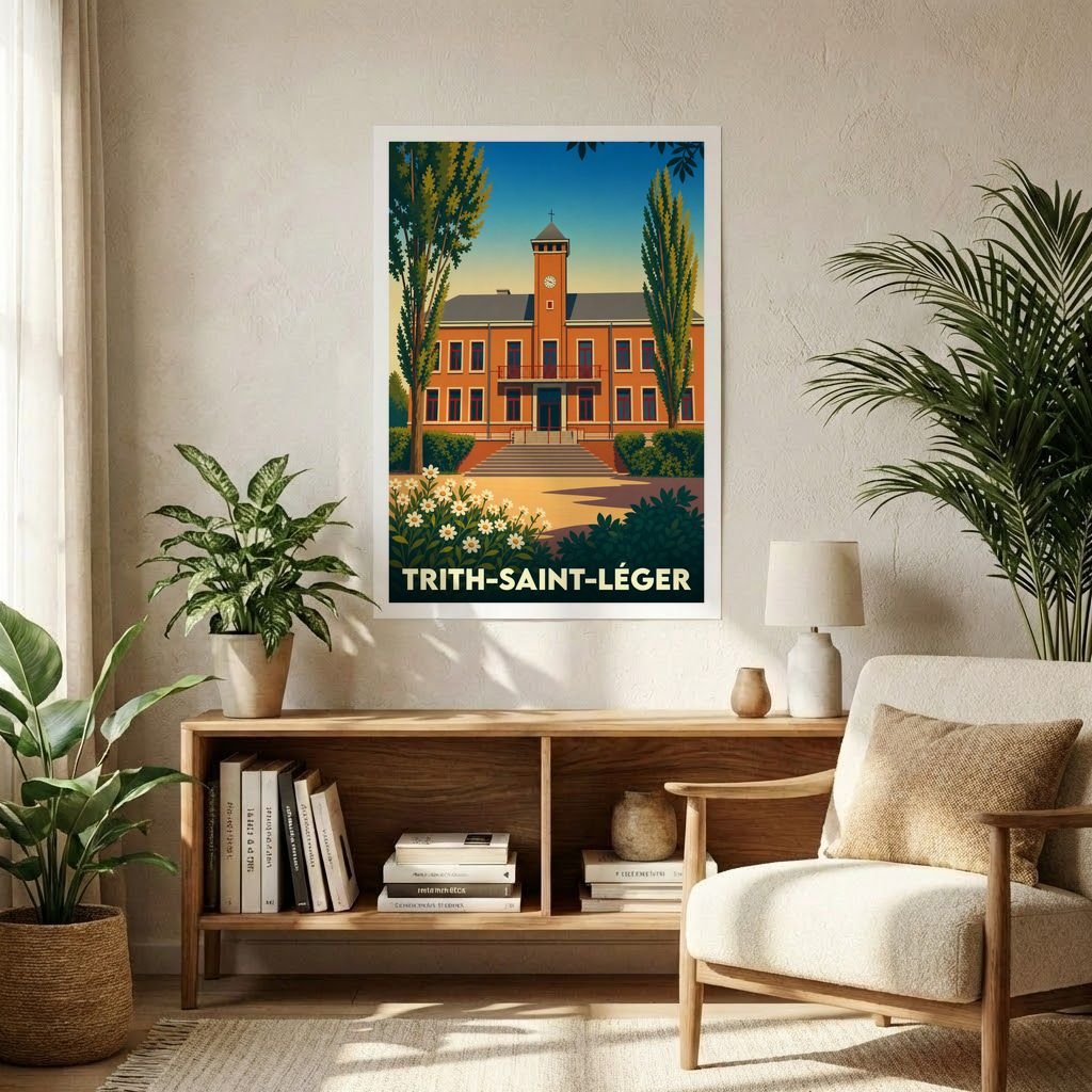 Affiche souvenir de la ville de Trith-Saint-Léger représentant son hôtel de ville dans un style graphique rétro.