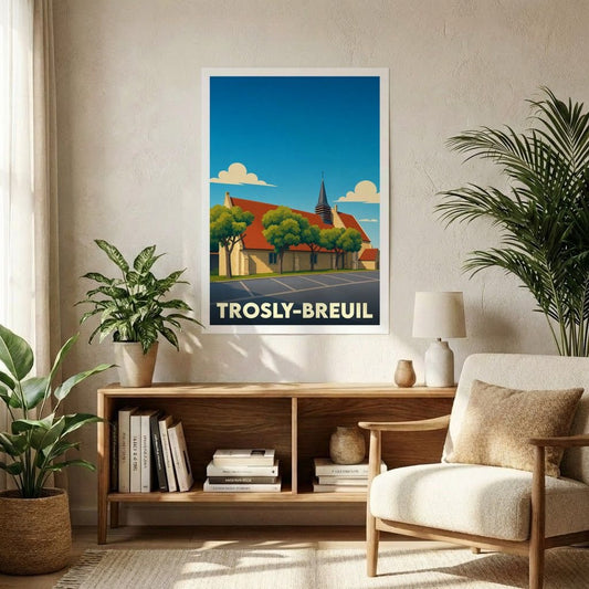 Affiche souvenir de la ville de Trosly-Breuil avec une illustration stylisée d'une église sous un ciel bleu.