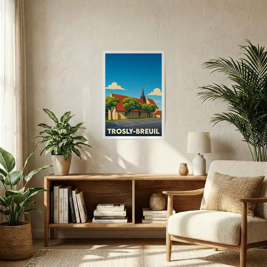 Affiche souvenir de la ville de Trosly-Breuil présentant une illustration stylisée de son église sous un ciel bleu.