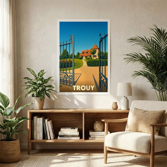 Affiche souvenir de la ville de Trouy avec une illustration stylisée d'une propriété vue à travers un portail ouvert.