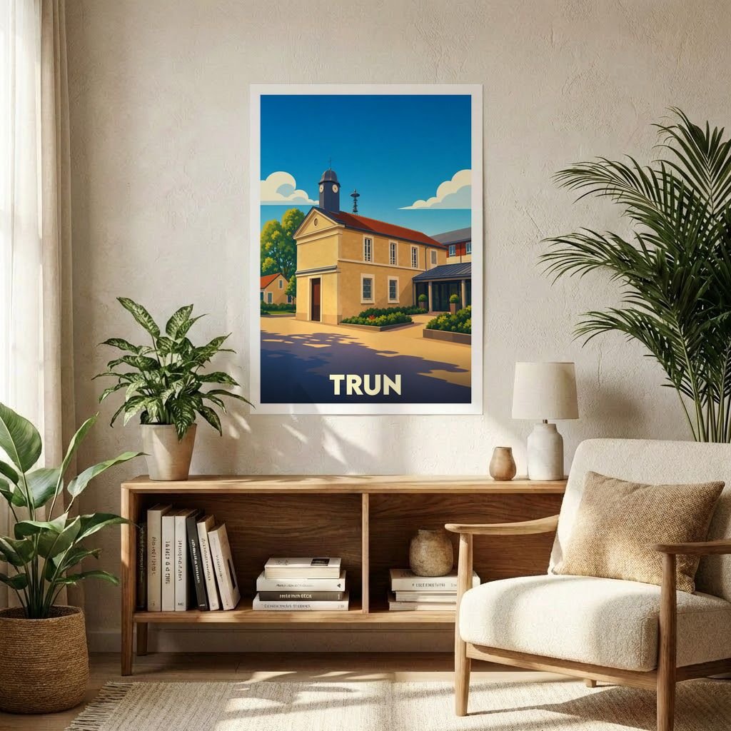 Affiche souvenir de la ville de Trun avec une illustration stylisée et colorée.