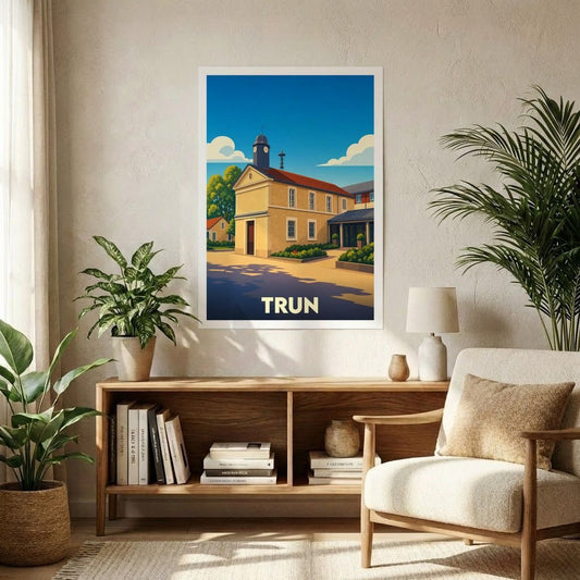 Affiche souvenir de la ville de Trun avec une illustration stylisée et colorée.