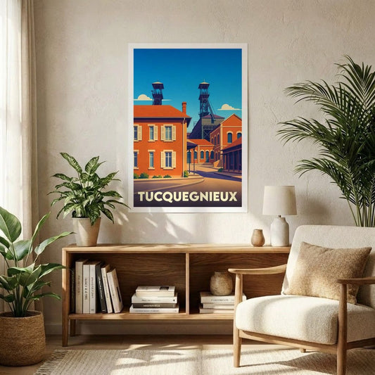 Affiche souvenir grand format de la ville de Tucquegnieux avec une illustration stylisée de son patrimoine minier.