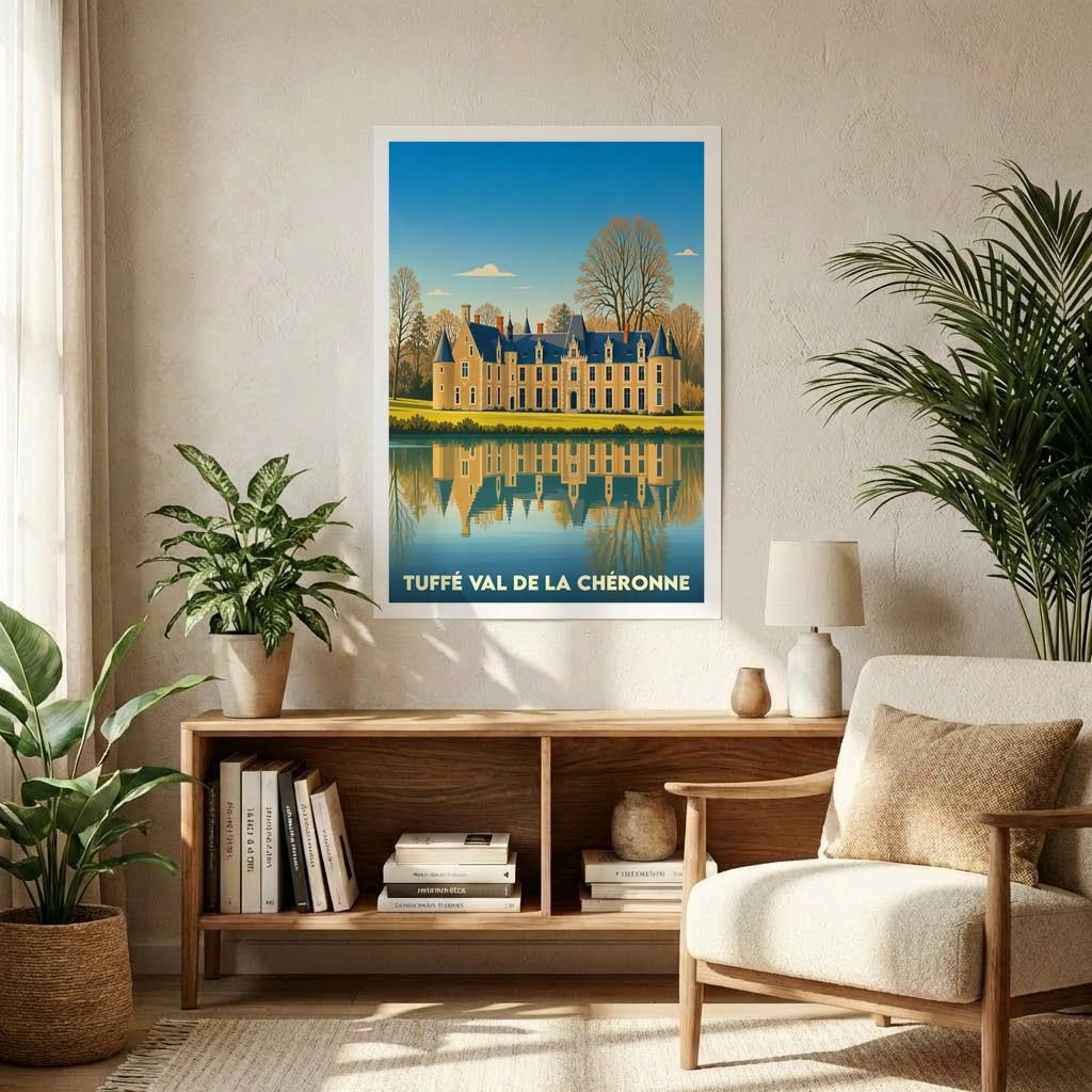 Affiche souvenir de Tuffé Val de la Chéronne représentant son château se reflétant dans l'eau avec une illustration stylisée.