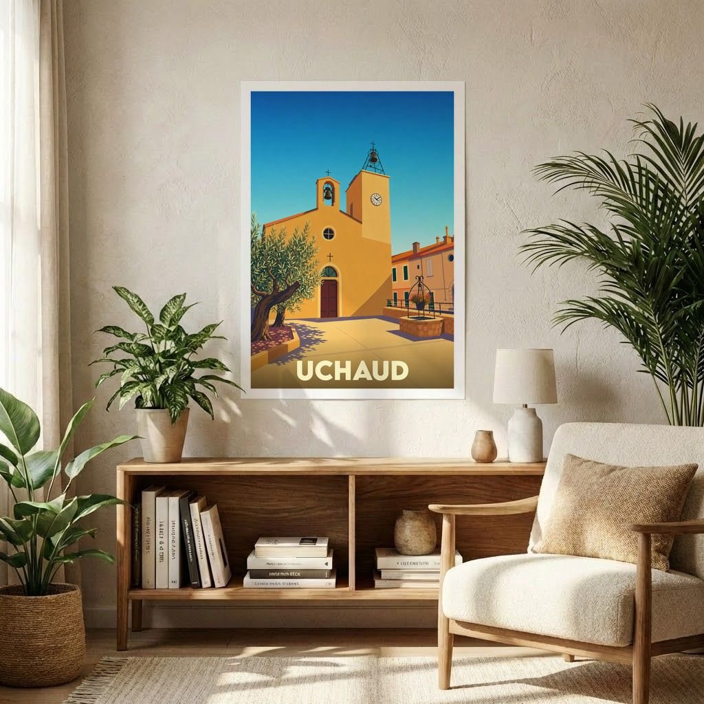 Affiche souvenir de la ville d'Uchaud avec une illustration stylisée d'une église sous un ciel azur.
