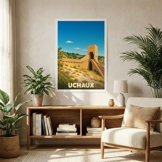 Affiche souvenir de la ville de Uchaux représentant une forteresse médiévale dans un style graphique épuré.