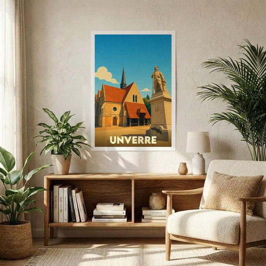 Affiche souvenir de la ville de Unverre avec une illustration stylisée d'une église et d'un monument historique.