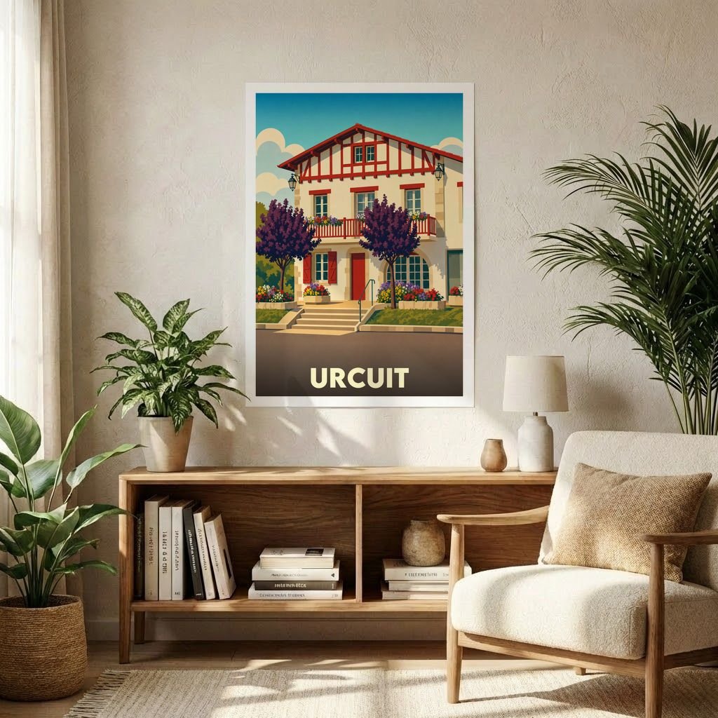 Affiche souvenir de la ville de Urcuit représentant une maison traditionnelle basque dans un style illustré.