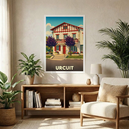 Affiche souvenir de la ville de Urcuit représentant une maison traditionnelle basque dans un style illustré.