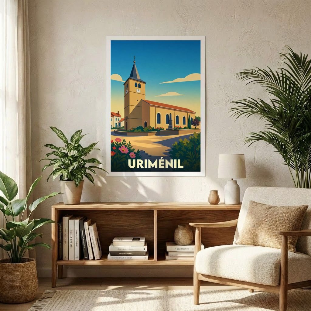 Affiche souvenir de la ville d'Uriménil avec une illustration stylisée de son église sous un ciel azur.