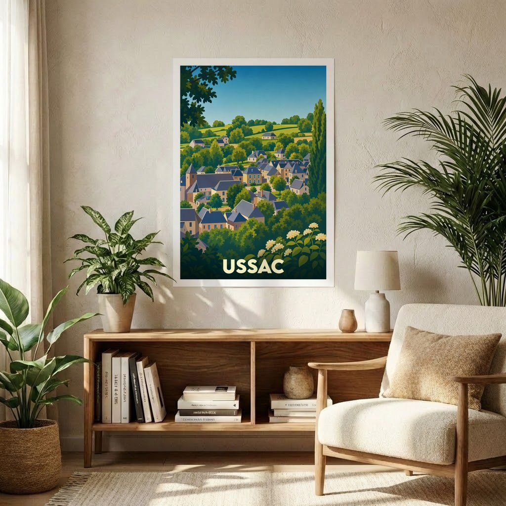 Affiche souvenir de la ville d'Ussac avec une illustration stylisée d'un village verdoyant.