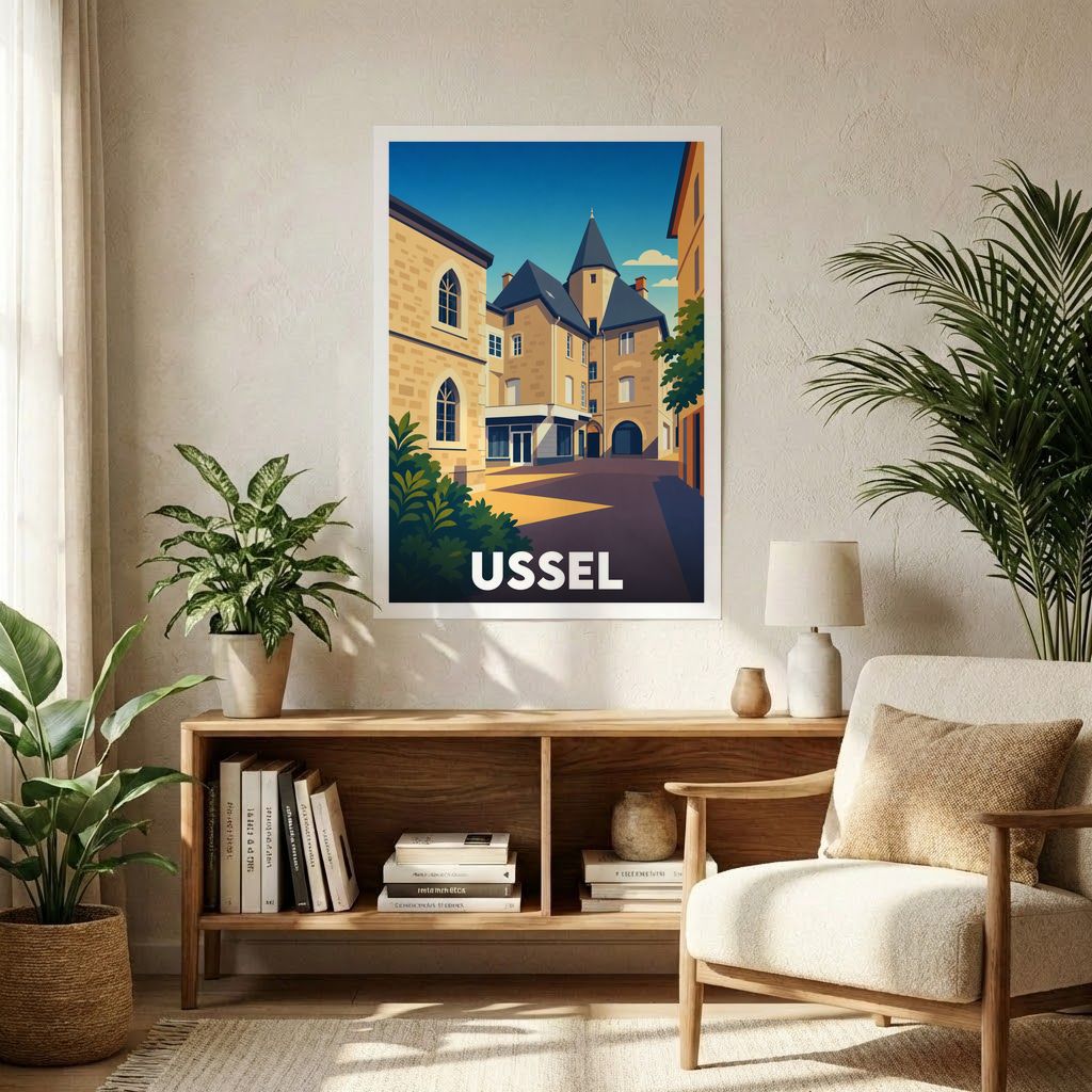Affiche souvenir de la ville d'Ussel avec une illustration stylisée et colorée de ses bâtiments historiques.