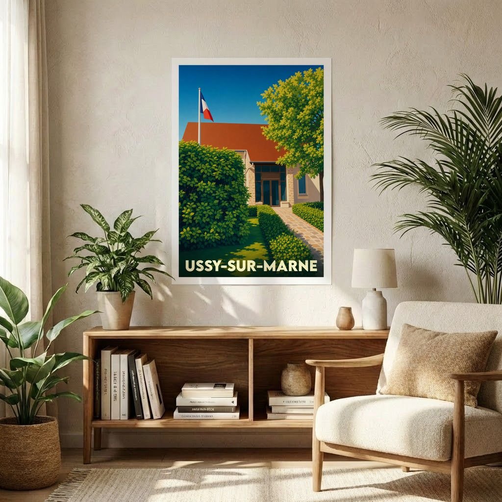 Affiche souvenir de la ville d'Ussy-sur-Marne illustrant un bâtiment ensoleillé avec le drapeau français dans un style graphique épuré.