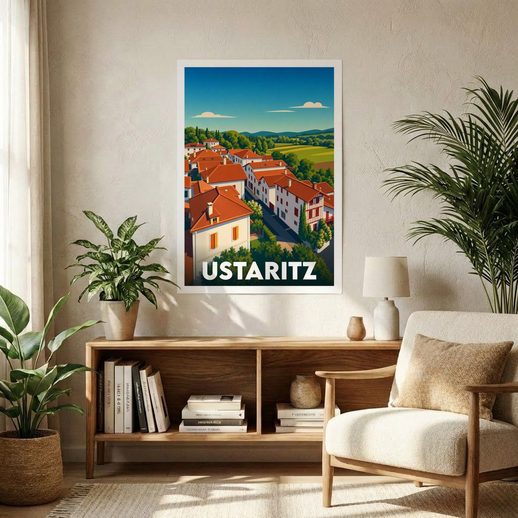 Affiche souvenir de la ville de Ustaritz présentant une illustration stylisée de ses maisons basques typiques.