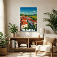 Affiche souvenir de la ville de Ustaritz présentant une illustration stylisée de ses maisons basques typiques.