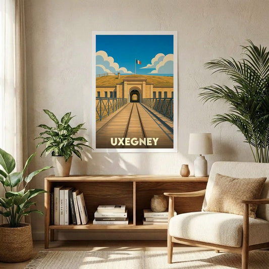 Affiche souvenir de la ville de Uxegney représentant son fort historique dans un style graphique rétro.