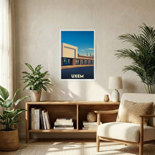 Affiche souvenir de la ville d'Uxem avec une illustration stylisée et moderne de son architecture.