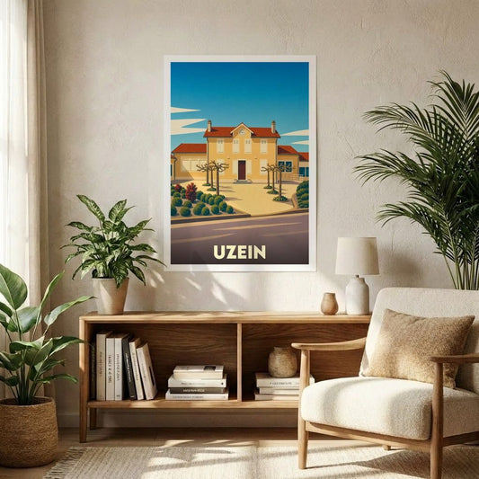 Affiche souvenir de la ville de Uzein avec une illustration stylisée d'un bâtiment emblématique.