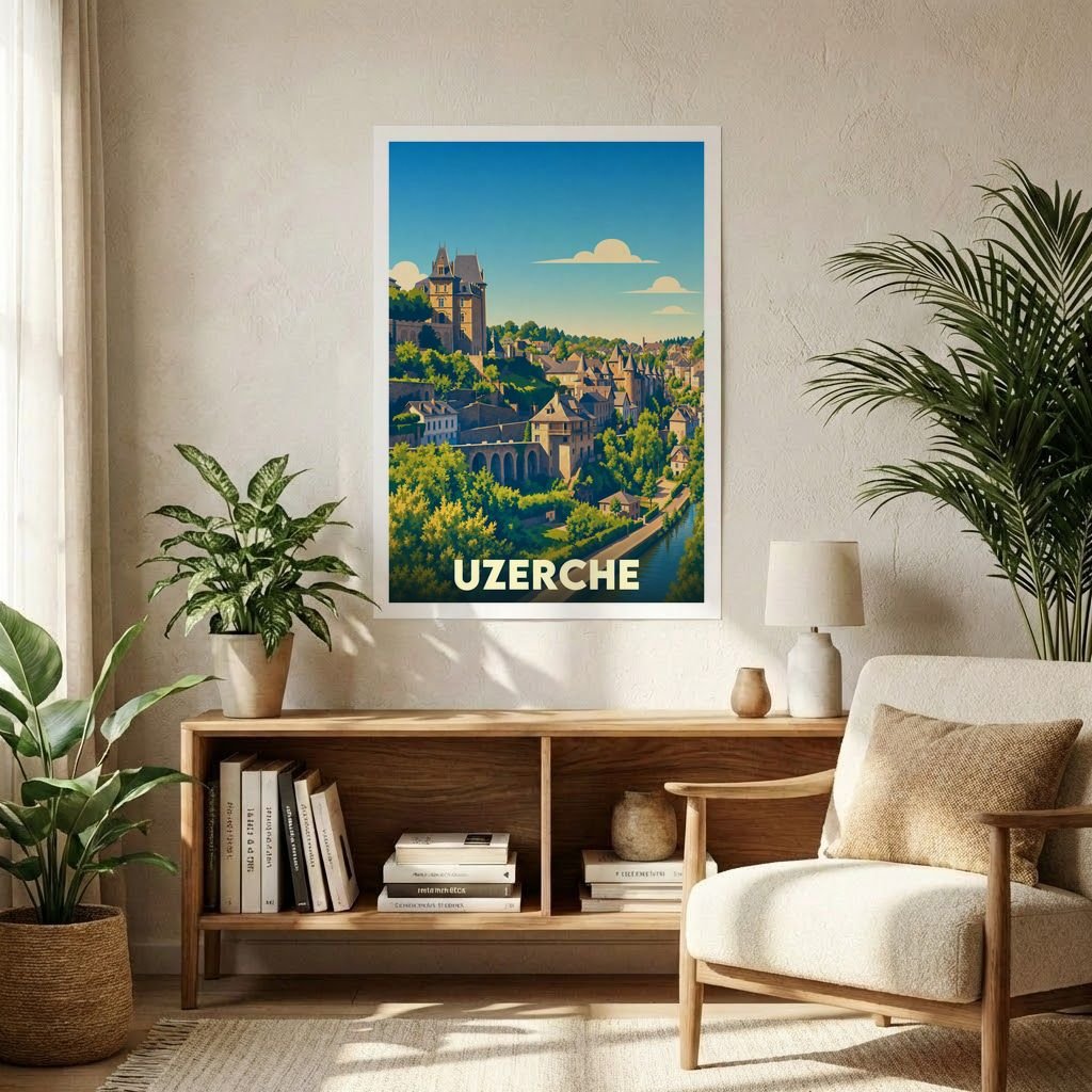 Affiche souvenir de la ville d'Uzerche avec une illustration stylisée et colorée.