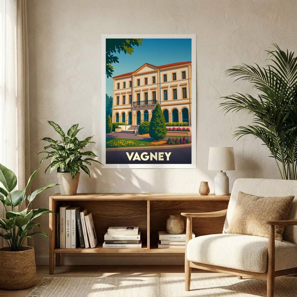 Affiche souvenir de la ville de Vagney avec une illustration stylisée de son architecture.