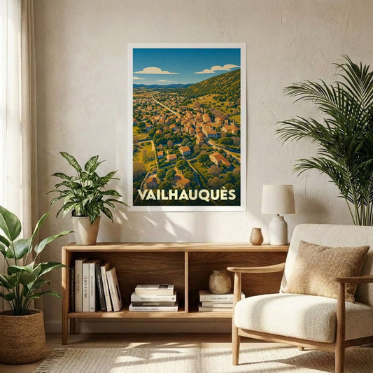 Affiche souvenir de la ville de Vailhauquès avec une illustration stylisée de son paysage vallonné.
