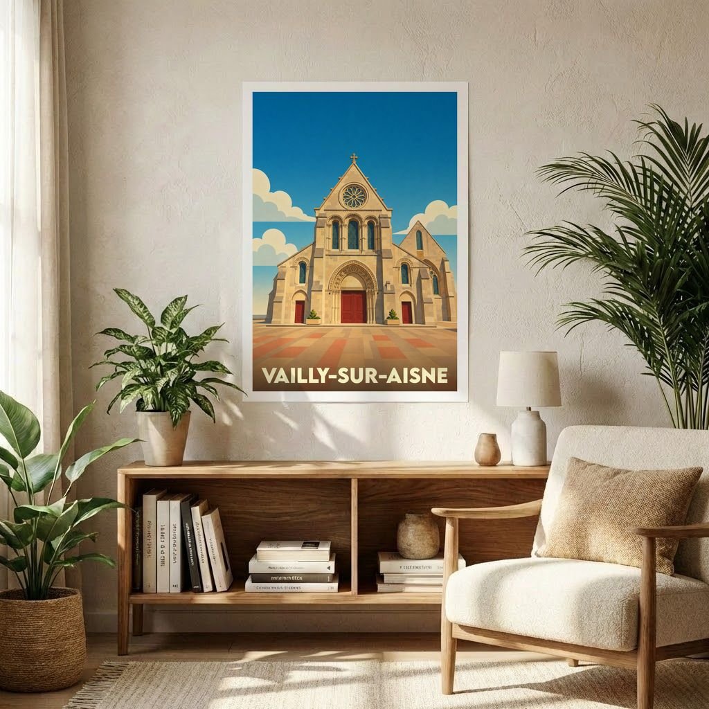 Affiche souvenir de la ville de Vailly-sur-Aisne avec une illustration stylisée d'une église sous un ciel bleu.
