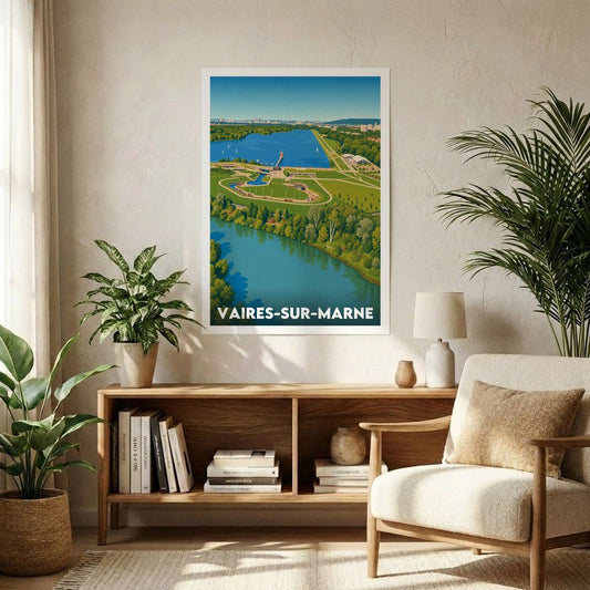 Affiche souvenir de la ville de Vaires-sur-Marne avec une illustration stylisée de son stade nautique.