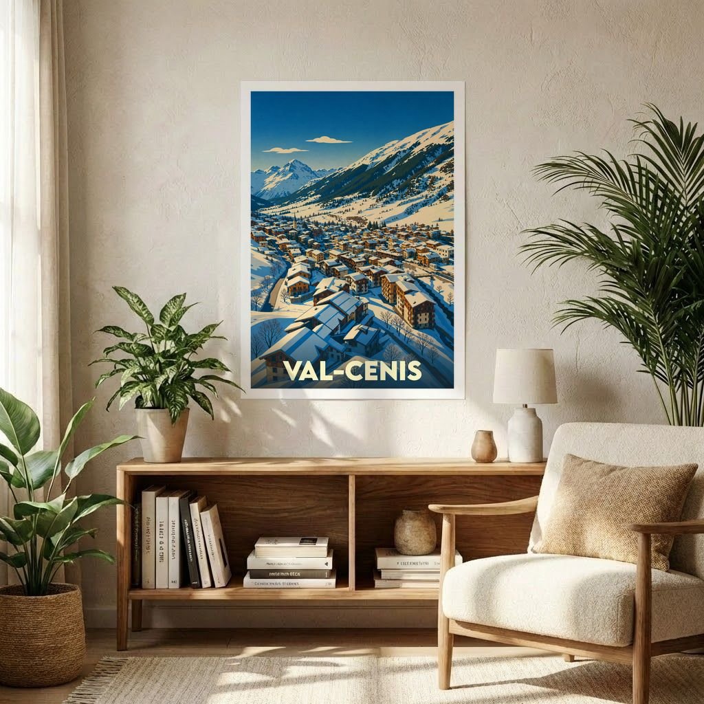 Affiche souvenir de la ville de Val-Cenis avec une illustration stylisée d'un village de montagne enneigé.