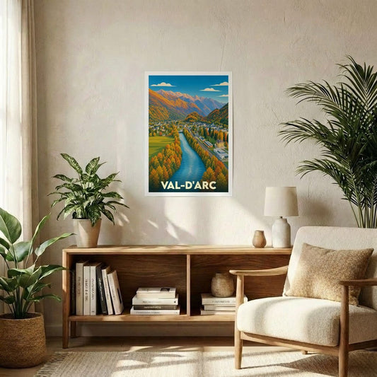 Affiche souvenir de la commune de Val-d'Arc illustrant un paysage de vallée alpine en automne.