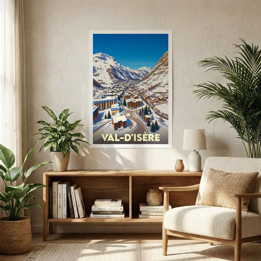 Affiche souvenir de la ville de Val-d'Isère illustrant un panorama enneigé de la station de ski.