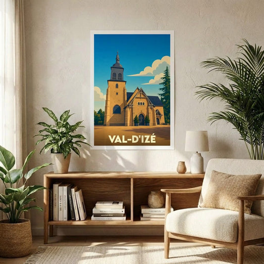 Affiche souvenir de la ville de Val-d'Izé avec une illustration stylisée de son église.