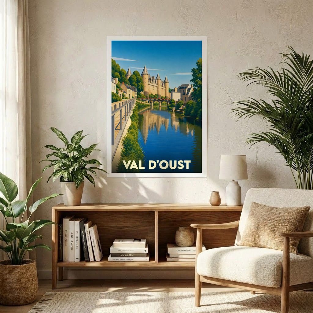 Affiche souvenir de la ville de Val d'Oust avec une illustration stylisée d'un château au bord de l'eau.
