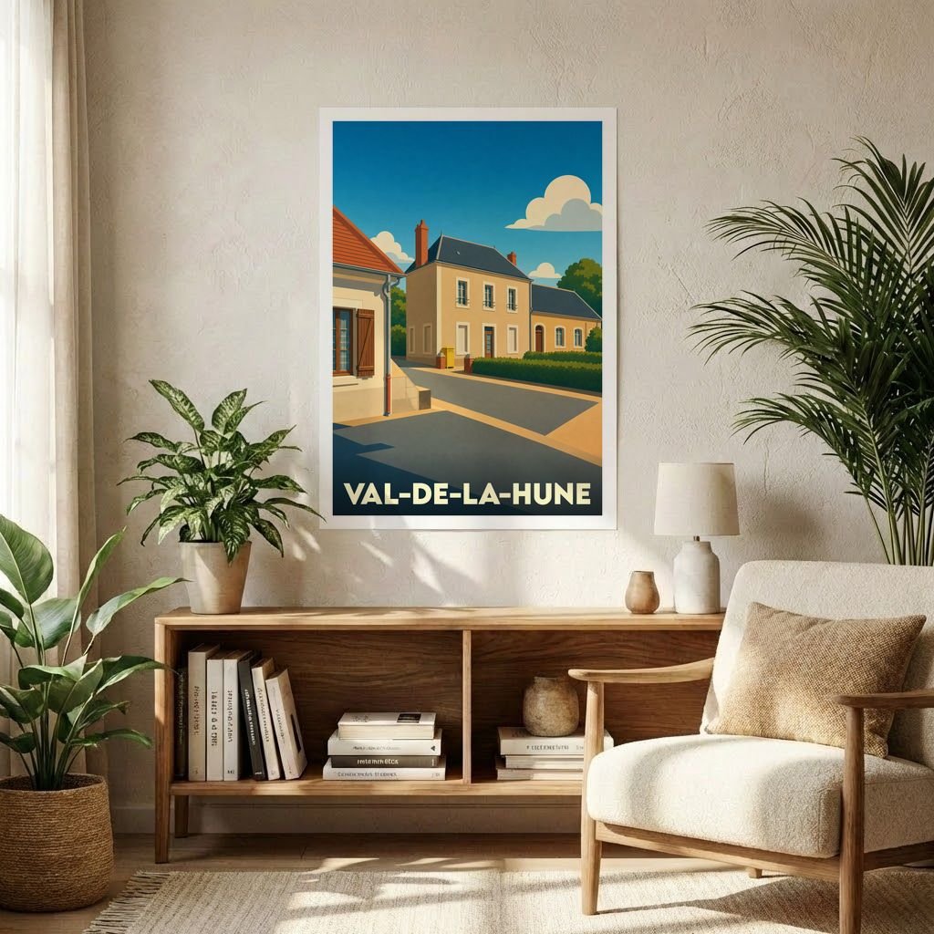 Affiche souvenir de la ville de Val-de-la-Hune avec une illustration stylisée.