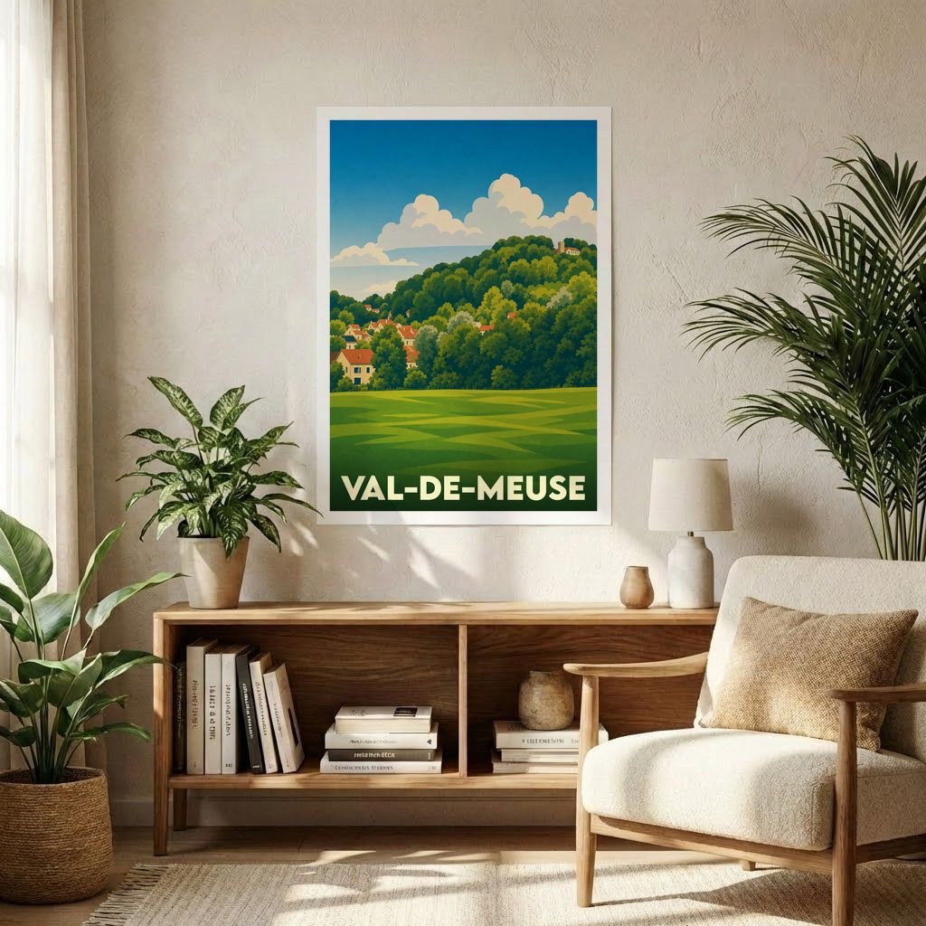 Affiche souvenir de la ville de Val-de-Meuse avec une illustration paysagère stylisée.