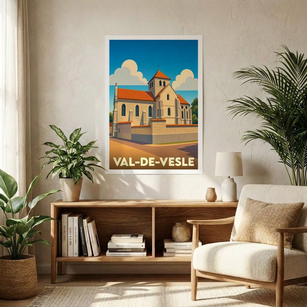 Affiche souvenir de la ville de Val-de-Vesle représentant son église dans un style graphique épuré.