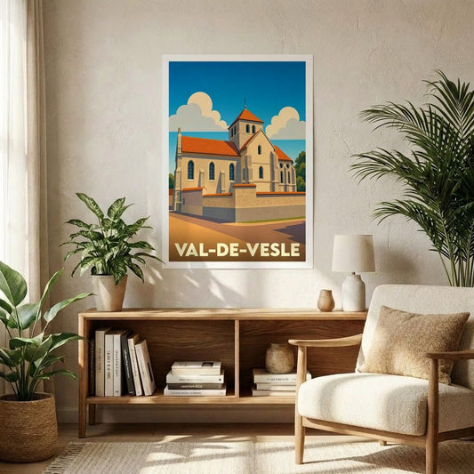 Affiche souvenir de la ville de Val-de-Vesle représentant son église dans un style graphique épuré.