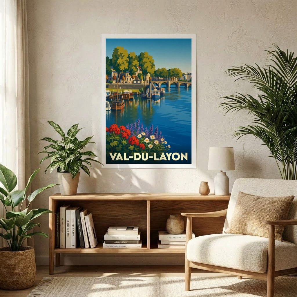 Affiche souvenir de la ville de Val-du-Layon avec une illustration stylisée d'un bord de rivière paisible.