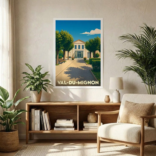 Affiche souvenir de la ville de Val-du-Mignon avec une illustration stylisée d'un parc ensoleillé.