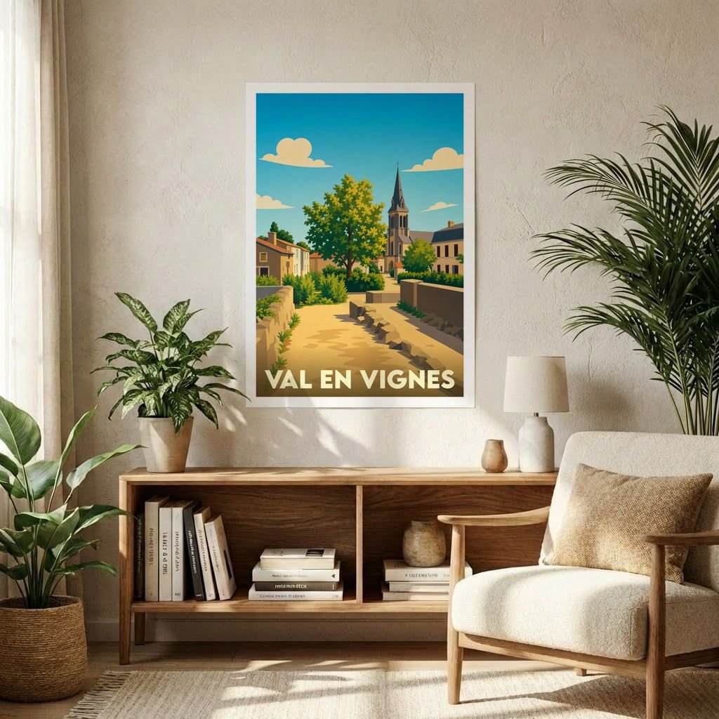 Affiche souvenir de la ville de Val en Vignes avec une illustration stylisée et colorée.