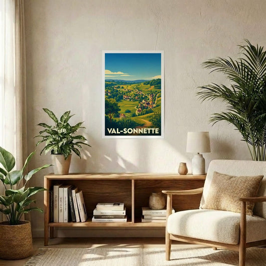 Affiche souvenir de la ville de Val-Sonnette avec une illustration stylisée de son paysage vallonné.