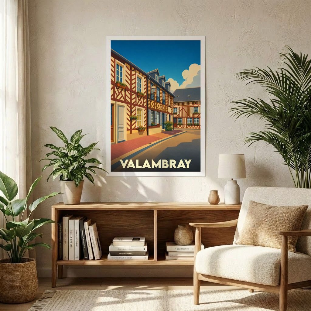 Affiche souvenir de la ville de Valambray représentant une ruelle aux maisons à colombages dans un style graphique épuré.
