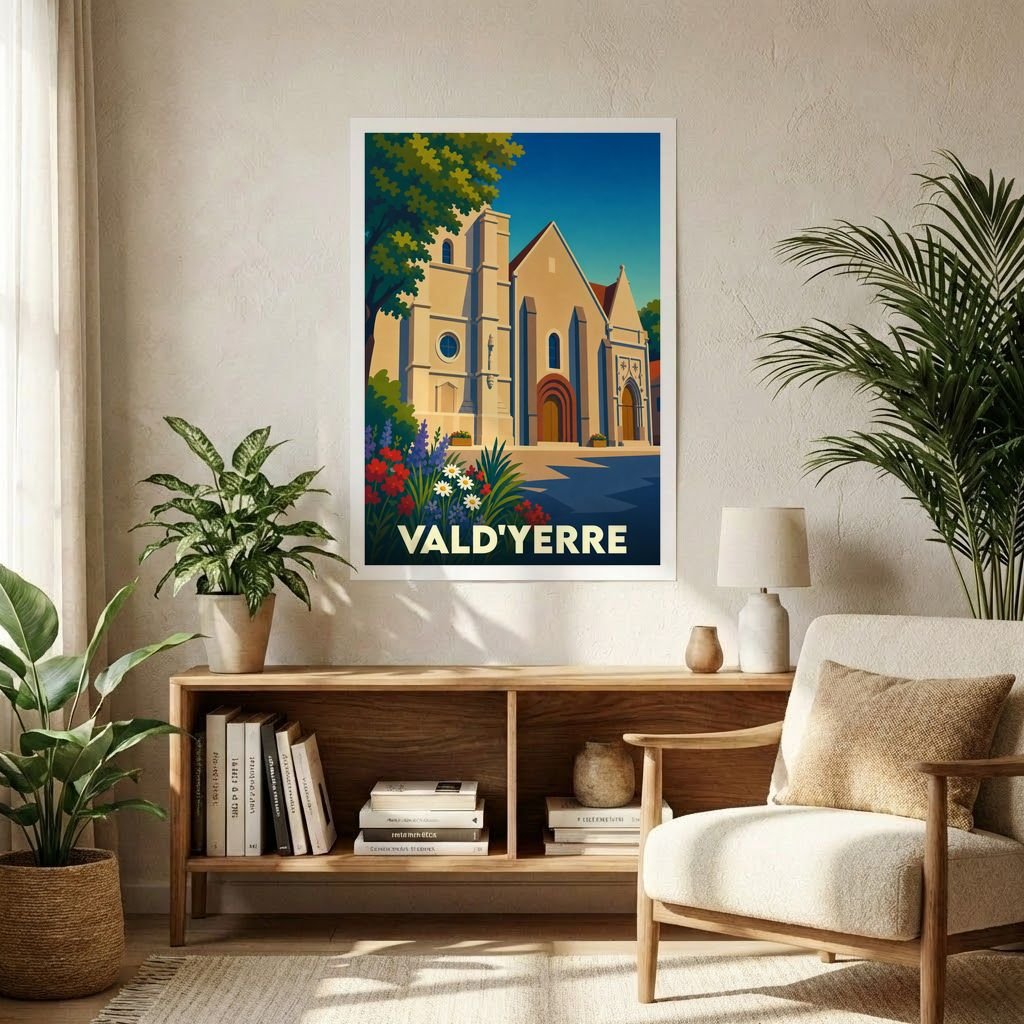 Affiche souvenir de la ville de Vald'Yerre représentant son église dans un style graphique rétro.