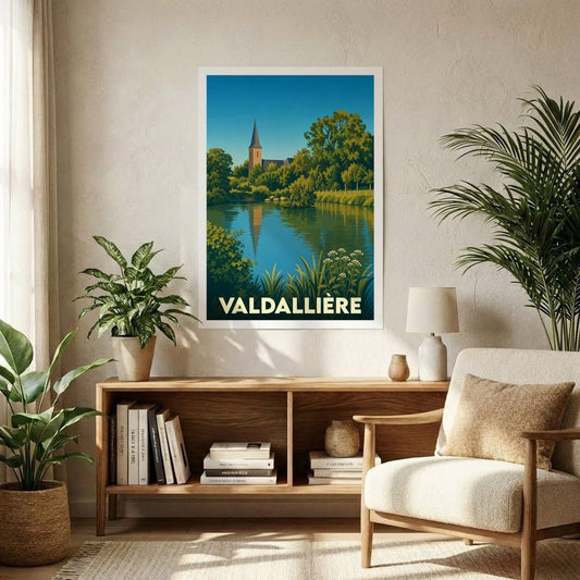 Affiche souvenir de la ville de Valdallière avec une illustration stylisée représentant une église en bord d'eau.