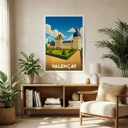 Affiche souvenir de la ville de Valençay avec une illustration stylisée de son château et de ses jardins.