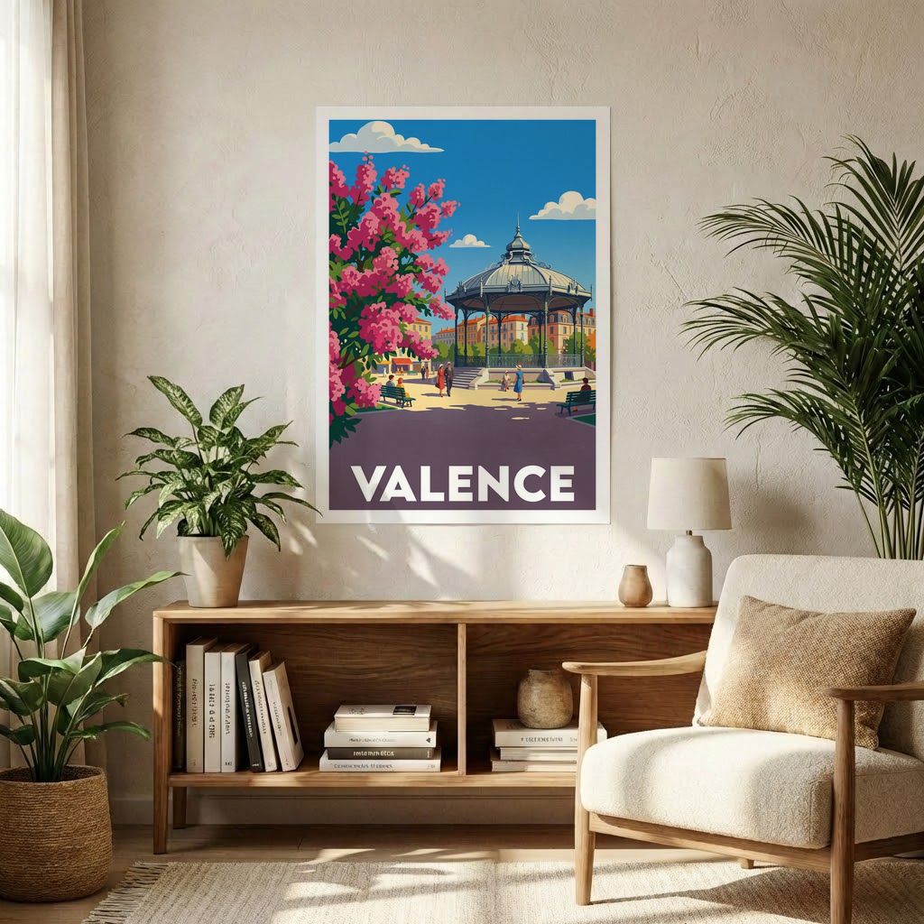 Affiche souvenir de la ville de Valence avec une illustration stylisée de son célèbre kiosque.