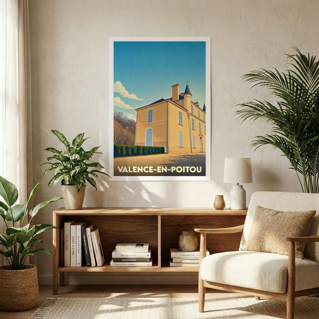 Affiche souvenir de la ville de Valence-en-Poitou avec une illustration stylisée d'une demeure historique.
