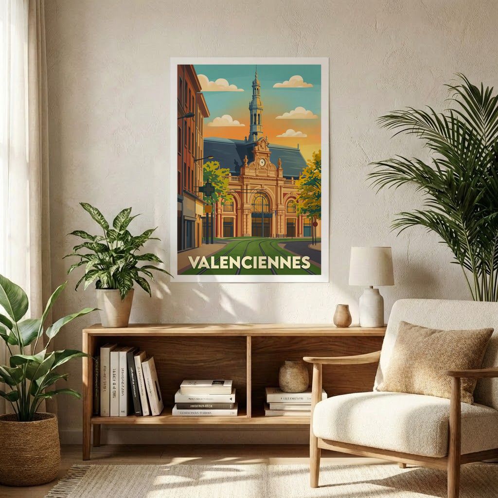 Affiche souvenir de la ville de Valenciennes avec une illustration stylisée de son architecture.