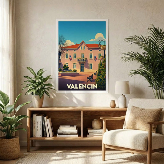 Affiche souvenir de la ville de Valencin avec une illustration stylisée d'un bâtiment typique.
